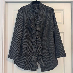 Marina Luna Black White Tweed Ruffle Front Coat 1X